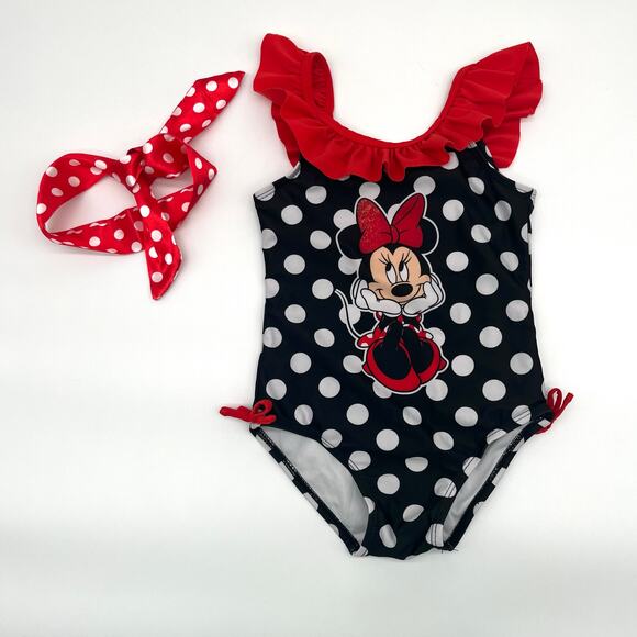 DISNEY Minnie Mouse 4T Girl's One Piece Swimsuit + Hair Ribbon - Picture 1 of 6
